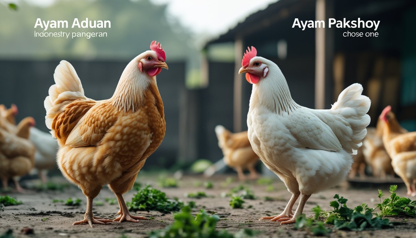 Ayam Pangeran dan ayam Pakshoy berdiri berdampingan di halaman peternakan.