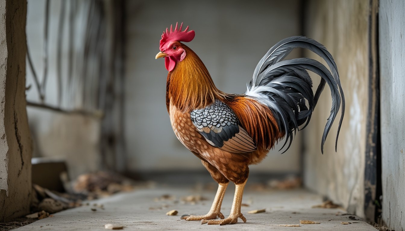 Seekor ayam jantan berdiri tenang dengan sisik pada kakinya terlihat jelas.