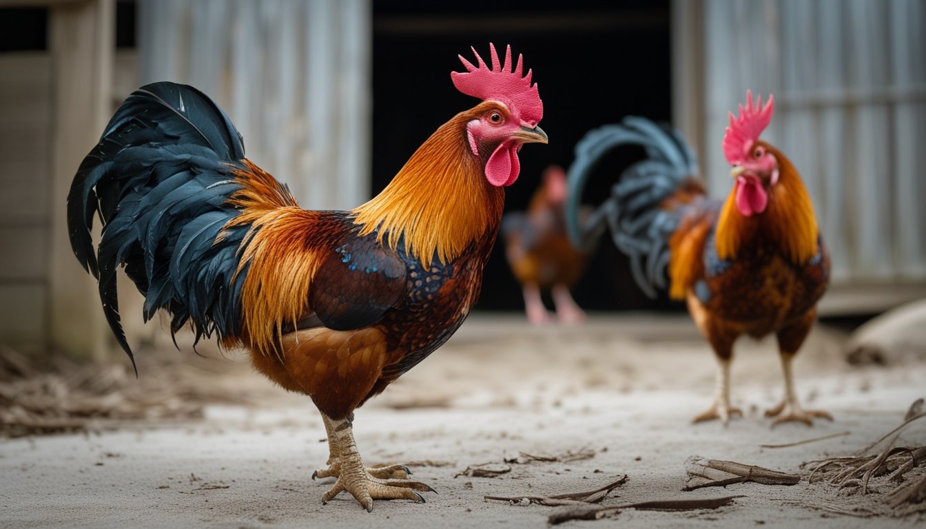 Seekor ayam jantan berdiri di halaman dengan sisik kakinya terlihat jelas.
