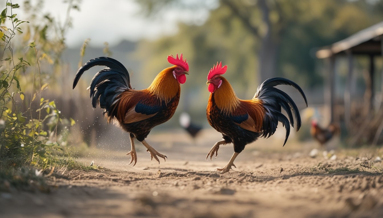 Seekor ayam jantan melompat lincah di halaman, sementara ayam jantan lain berdiri agak jauh.