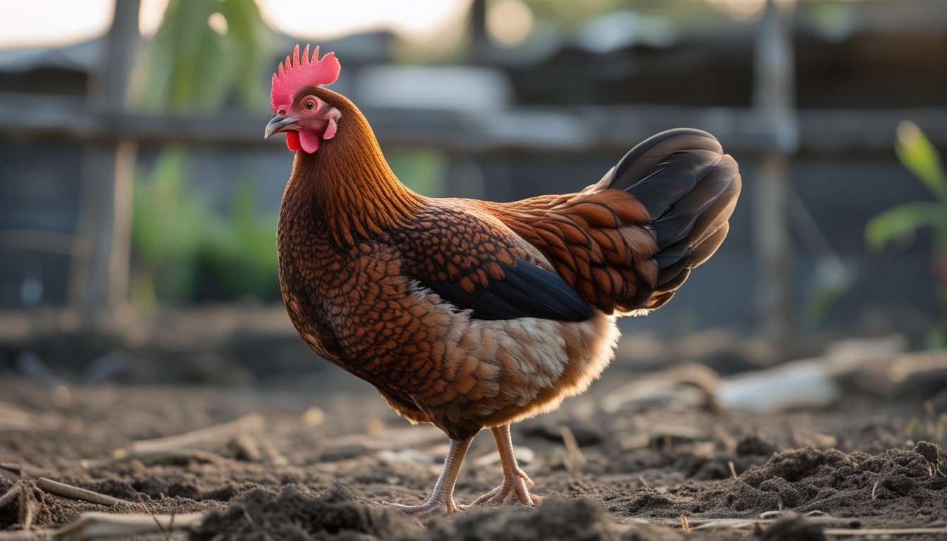 Seekor ayam Mangon berdiri tegap di halaman peternakan.
