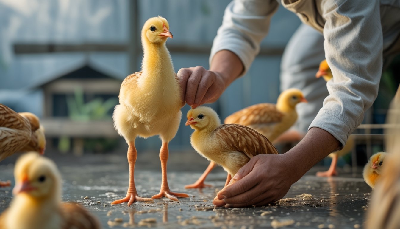 Seorang peternak memeriksa anak ayam Bangkok di lingkungan kandang yang bersih.