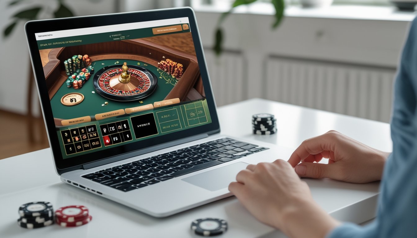 Laptop menampilkan permainan roulette dengan roda dan susunan taruhan, sementara seseorang duduk di dekatnya.