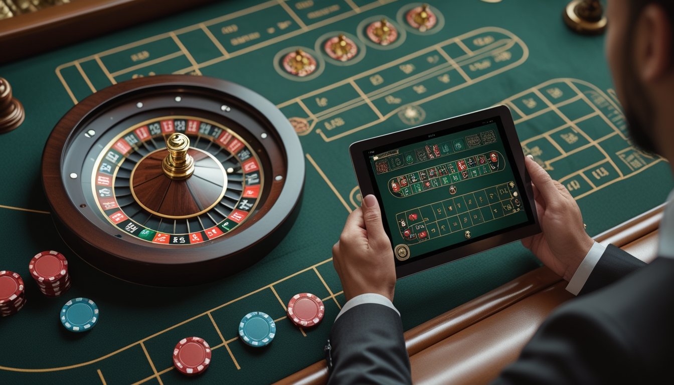 Tangan menggunakan laptop di dekat roda roulette dan meja taruhan.