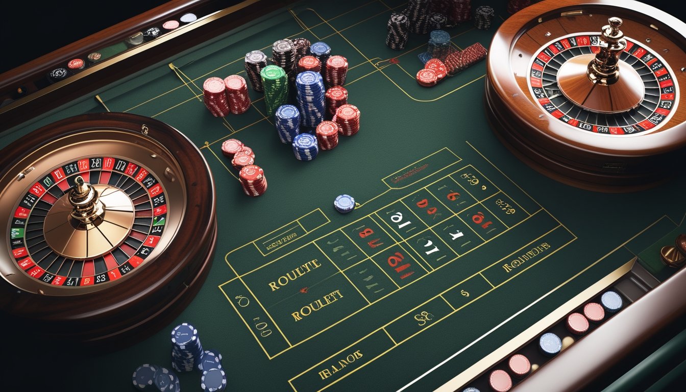 Dua roda roulette dengan susunan angka yang berbeda berdampingan di atas meja kasino.