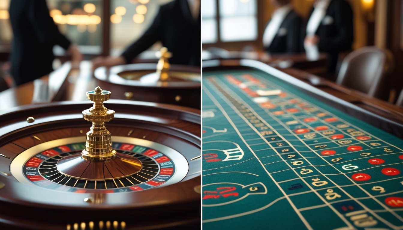 Meja roulette dan dua roda roulette dengan susunan kantong yang berbeda.
