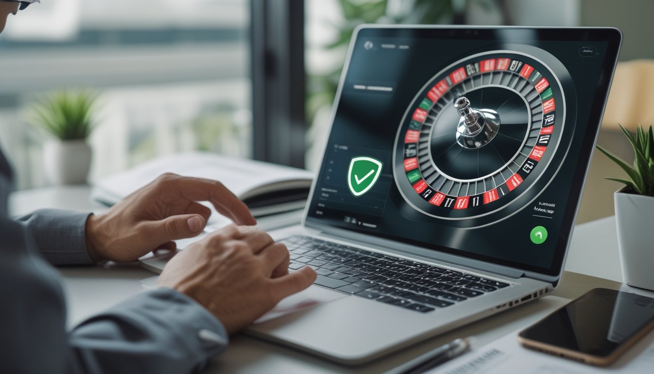 Seorang profesional memeriksa situs roulette di laptop dengan roda roulette di meja.