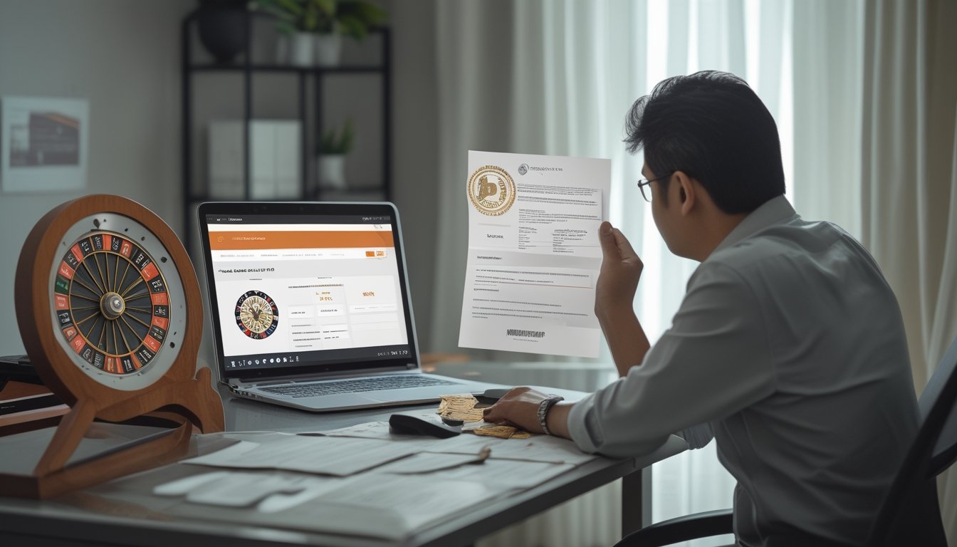 Seorang pemain dewasa Indonesia memeriksa laptop dan dokumen lisensi di meja, dengan roda roulette di dekatnya.