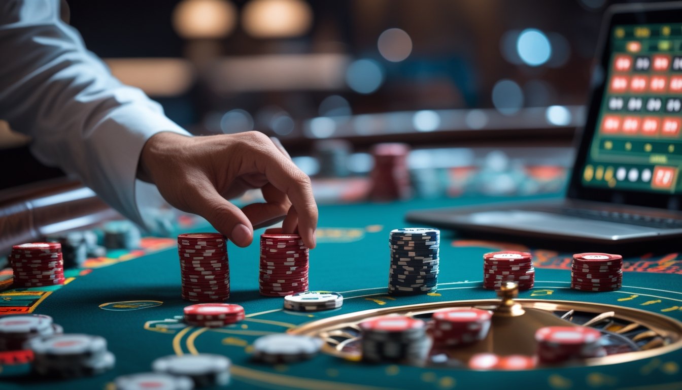 Tangan pemain memasang keping taruhan di meja roulette, dengan tumpukan keping dan perangkat yang menampilkan permainan daring.