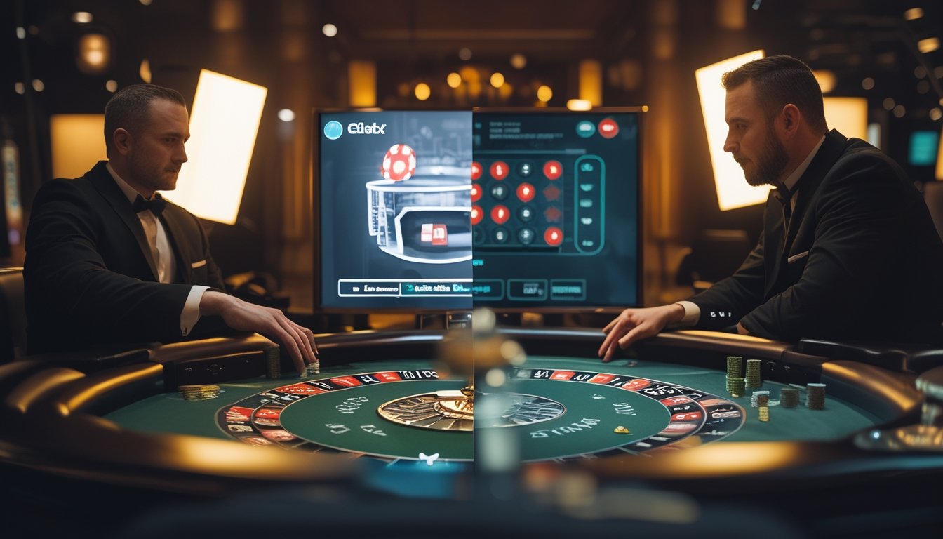 Seorang dealer di meja kasino berhadapan dengan tampilan permainan kasino digital.
