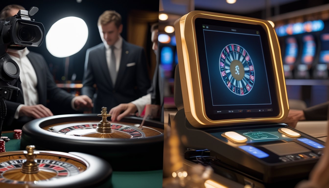 Dealer memutar roda roulette di samping terminal permainan kasino digital.