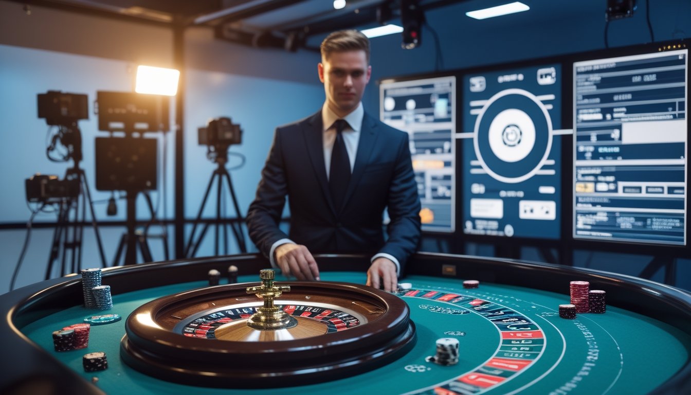 Seorang dealer memandu permainan roulette di studio kasino dengan kamera siaran dan layar pemantauan.