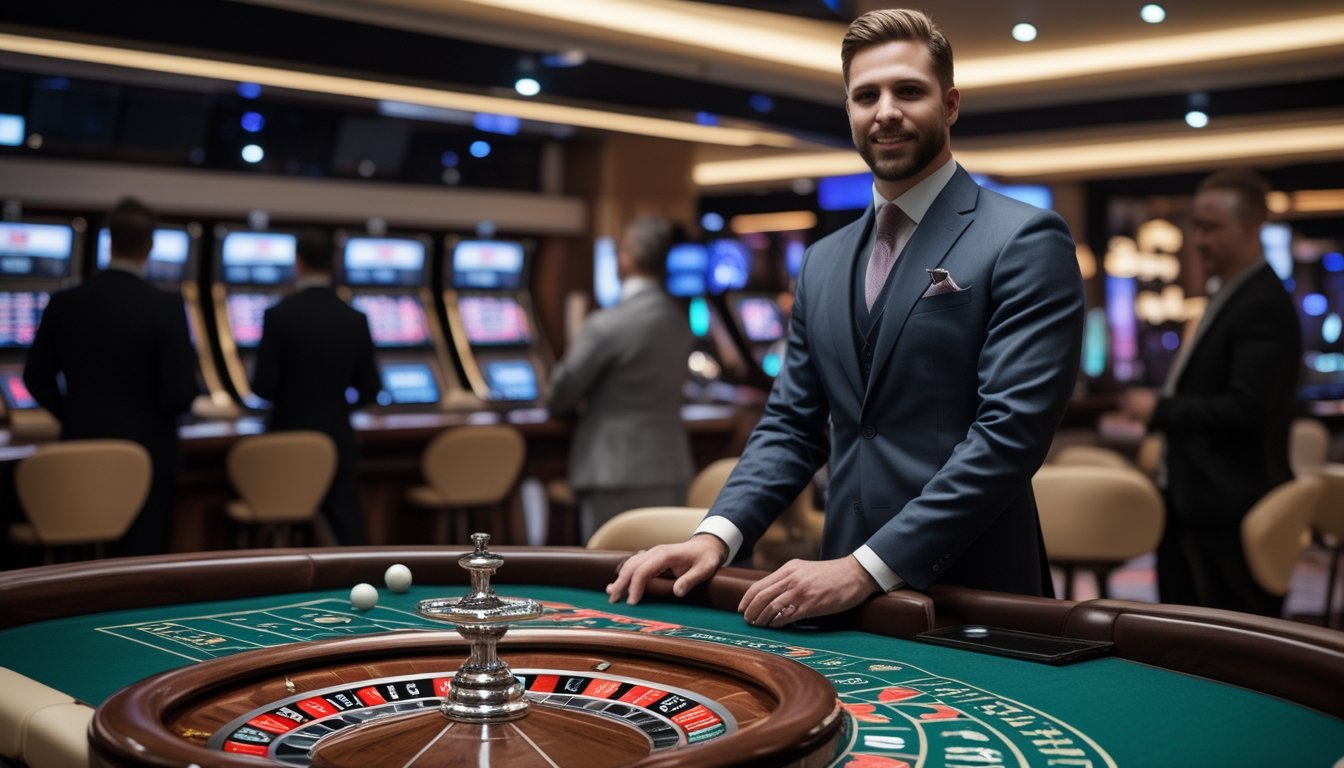 Seorang dealer memandu permainan roulette di meja kasino yang disiarkan langsung.