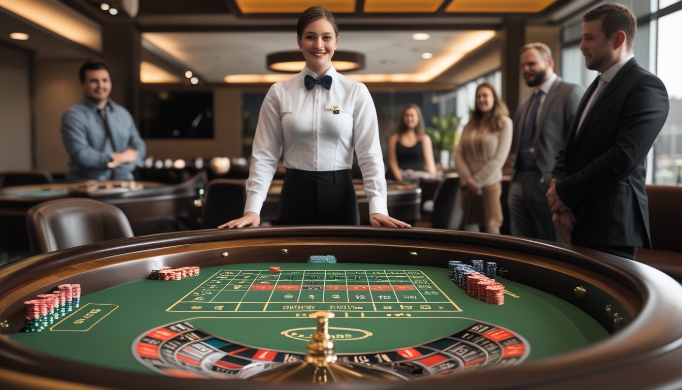 Seorang bandar dan beberapa pemain berada di sekitar meja roulette dengan keping taruhan.
