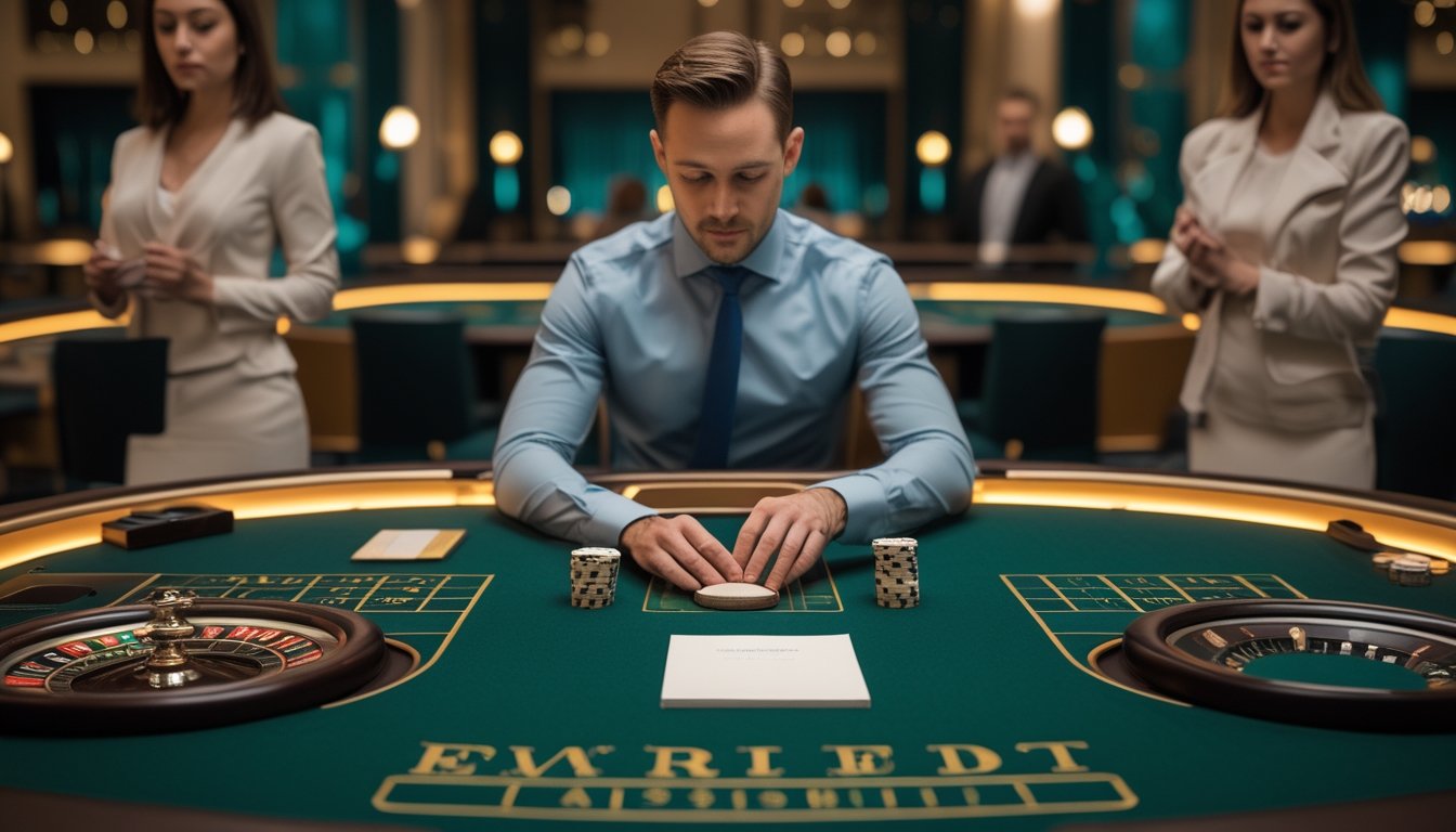 Seorang pemain mempertimbangkan pilihan di meja baccarat dan roulette.