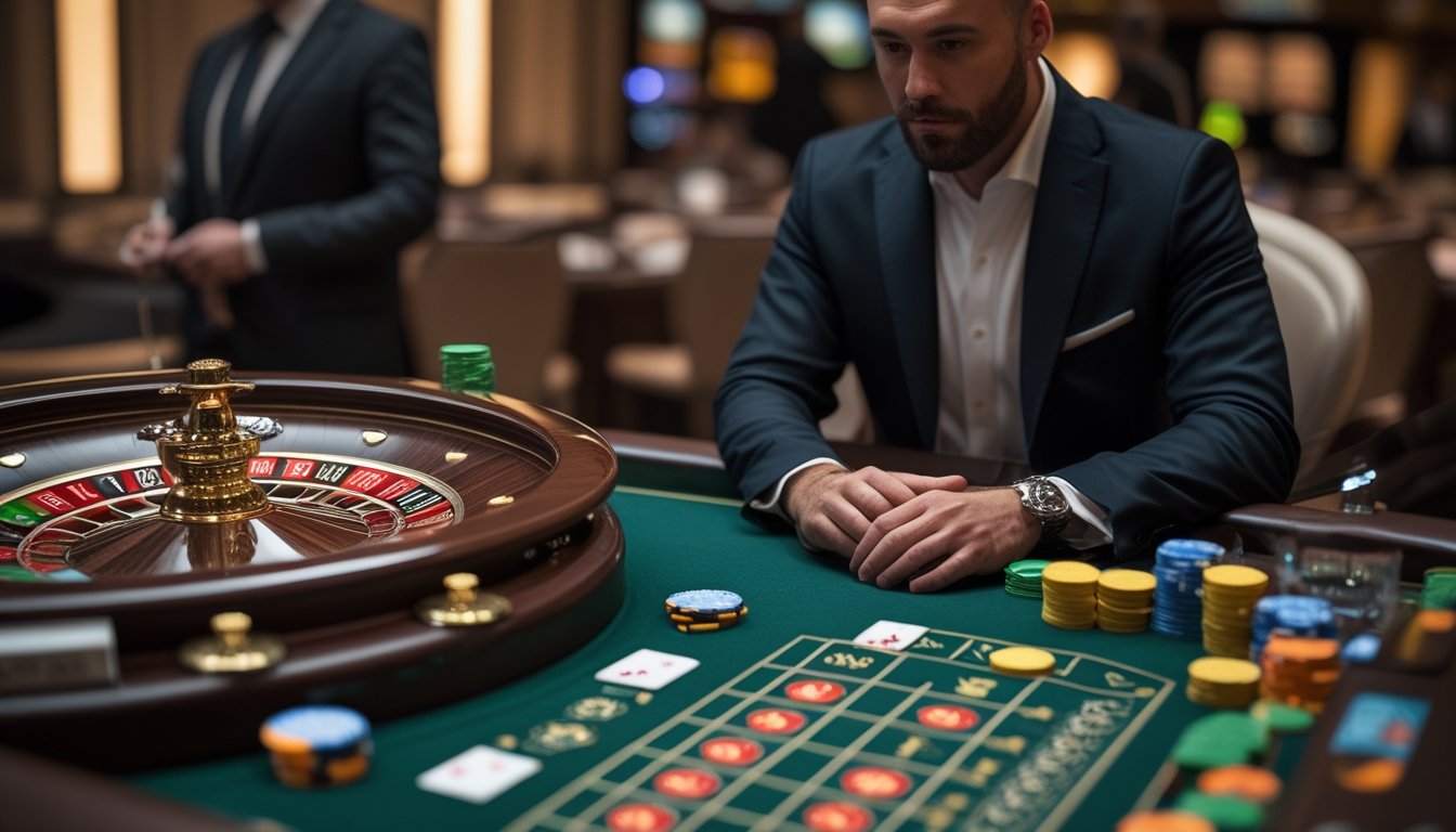 Seorang pemain mengamati meja baccarat dan roda roulette di kasino.