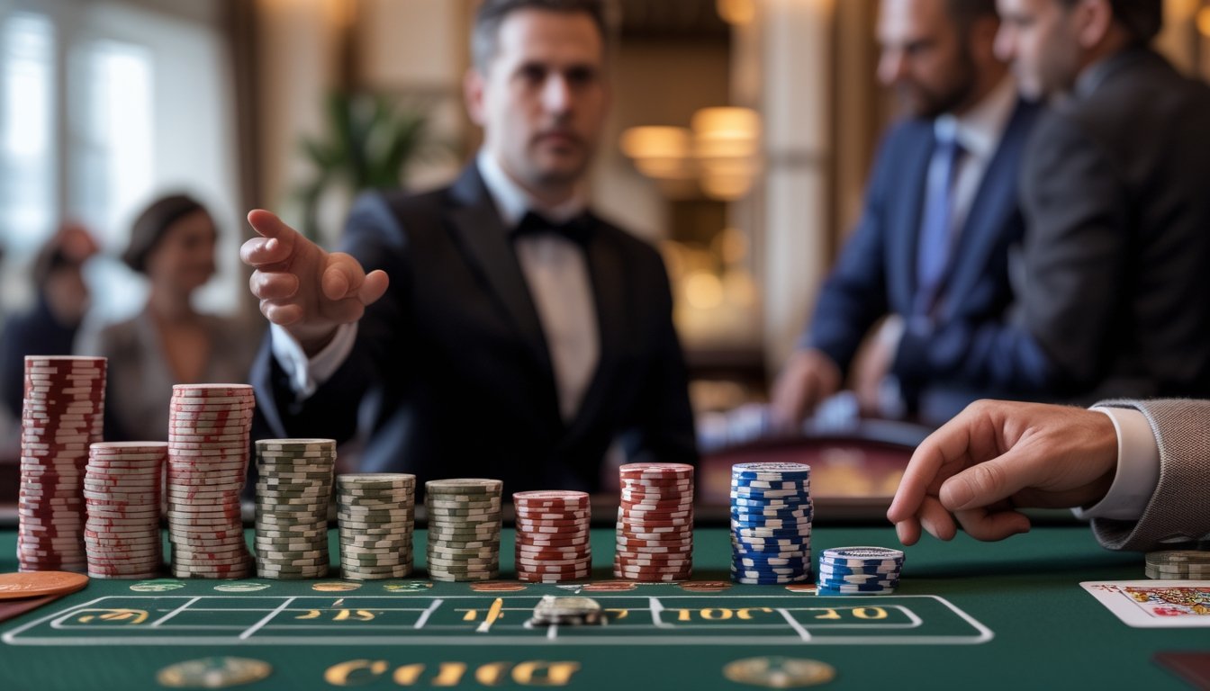 Dealer menjelaskan pilihan taruhan kepada pemain di meja kasino dengan tumpukan chip dan kartu.