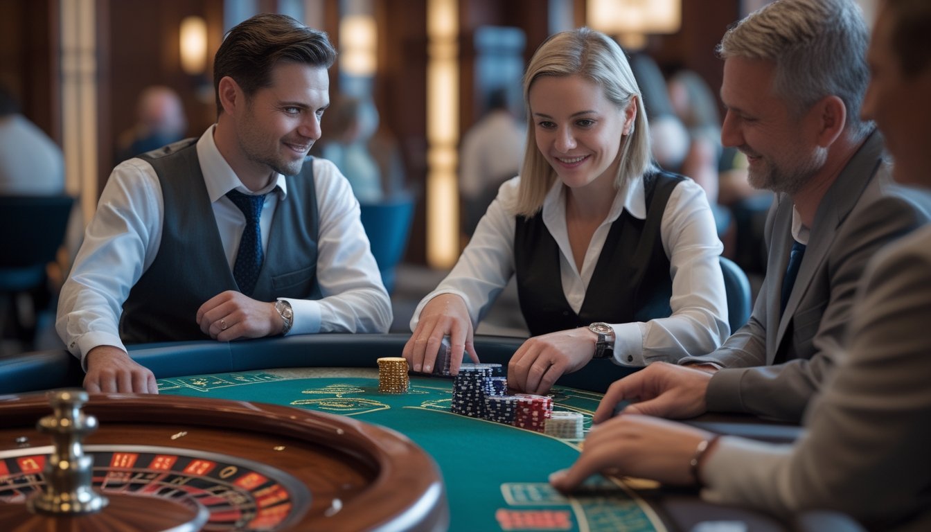 Seorang pemain pemula berbincang dengan dealer sambil mempertimbangkan taruhan di meja roulette.