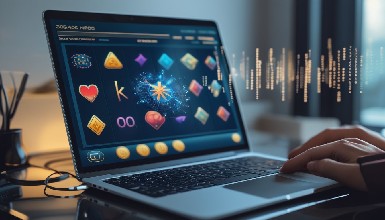 Seseorang melihat tampilan permainan slot di laptop dengan pola data abstrak di layar.