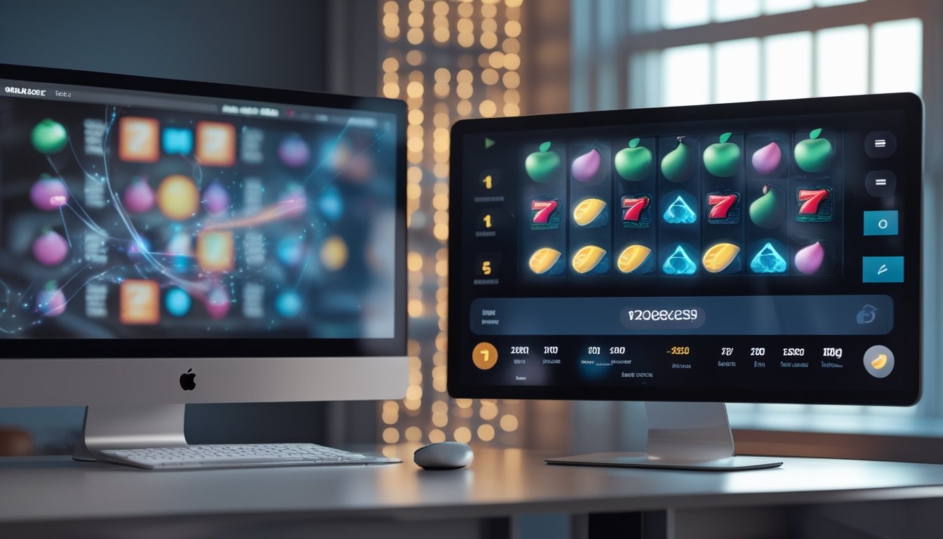Monitor menampilkan permainan slot digital dengan simbol-simbol pada posisi yang berbeda.