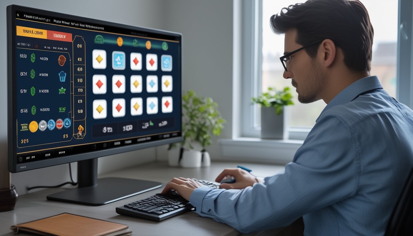 Seseorang mempelajari tampilan permainan slot digital di monitor sambil mencatat di meja.