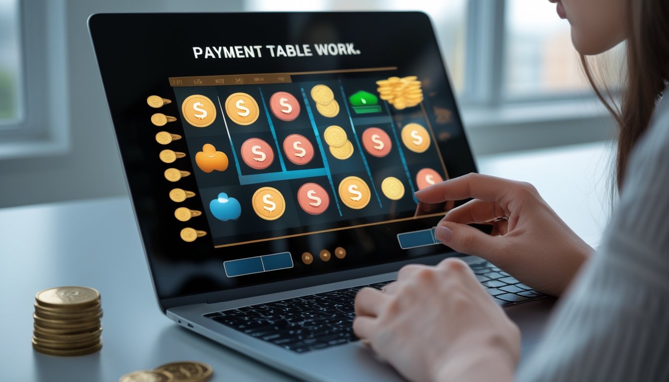 Seseorang mempelajari tabel pembayaran permainan slot di layar laptop.