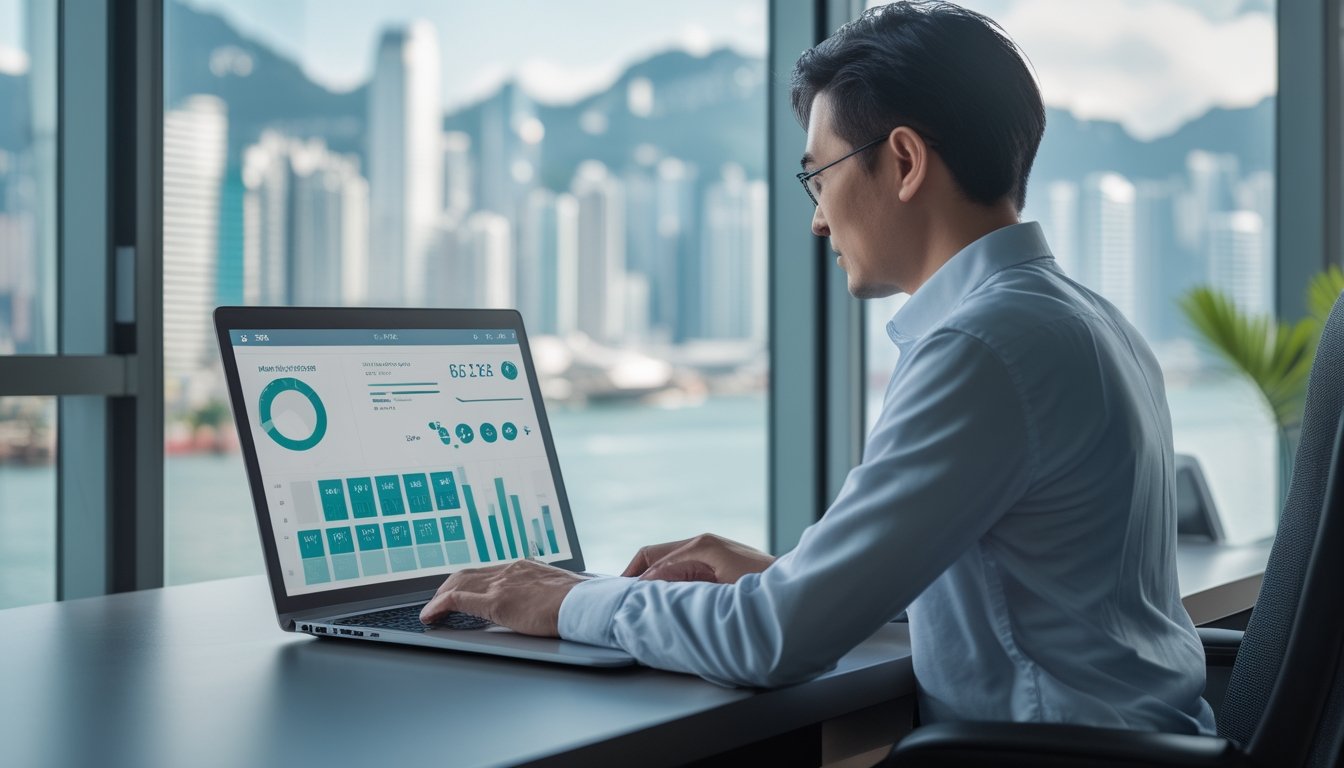Seseorang memeriksa tampilan data di laptop di dekat jendela dengan pemandangan kota Hong Kong.