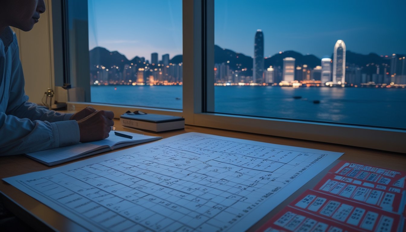 Seorang analis memeriksa pola pada kertas di meja dengan pemandangan kota Hong Kong pada malam hari.