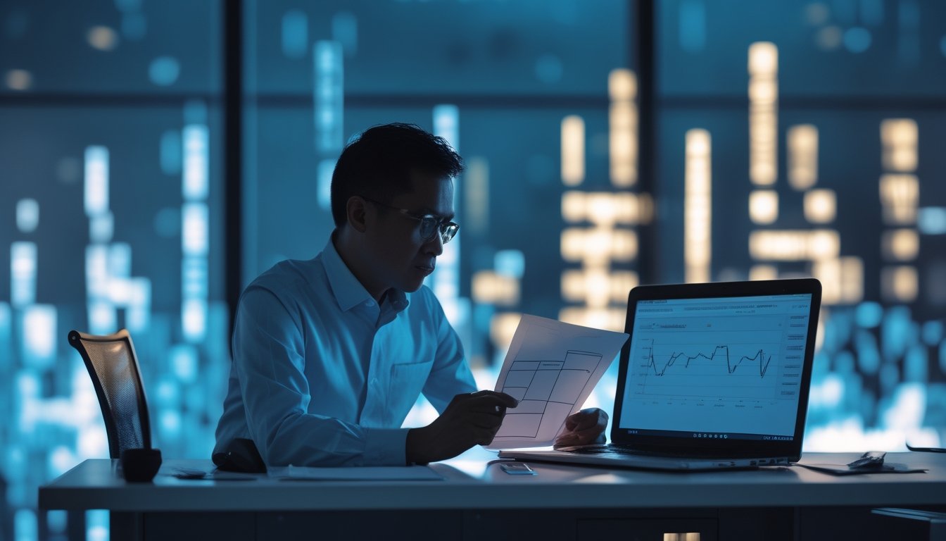 Seorang analis memeriksa grafik abstrak dan lembar data di meja kerja pada malam hari.