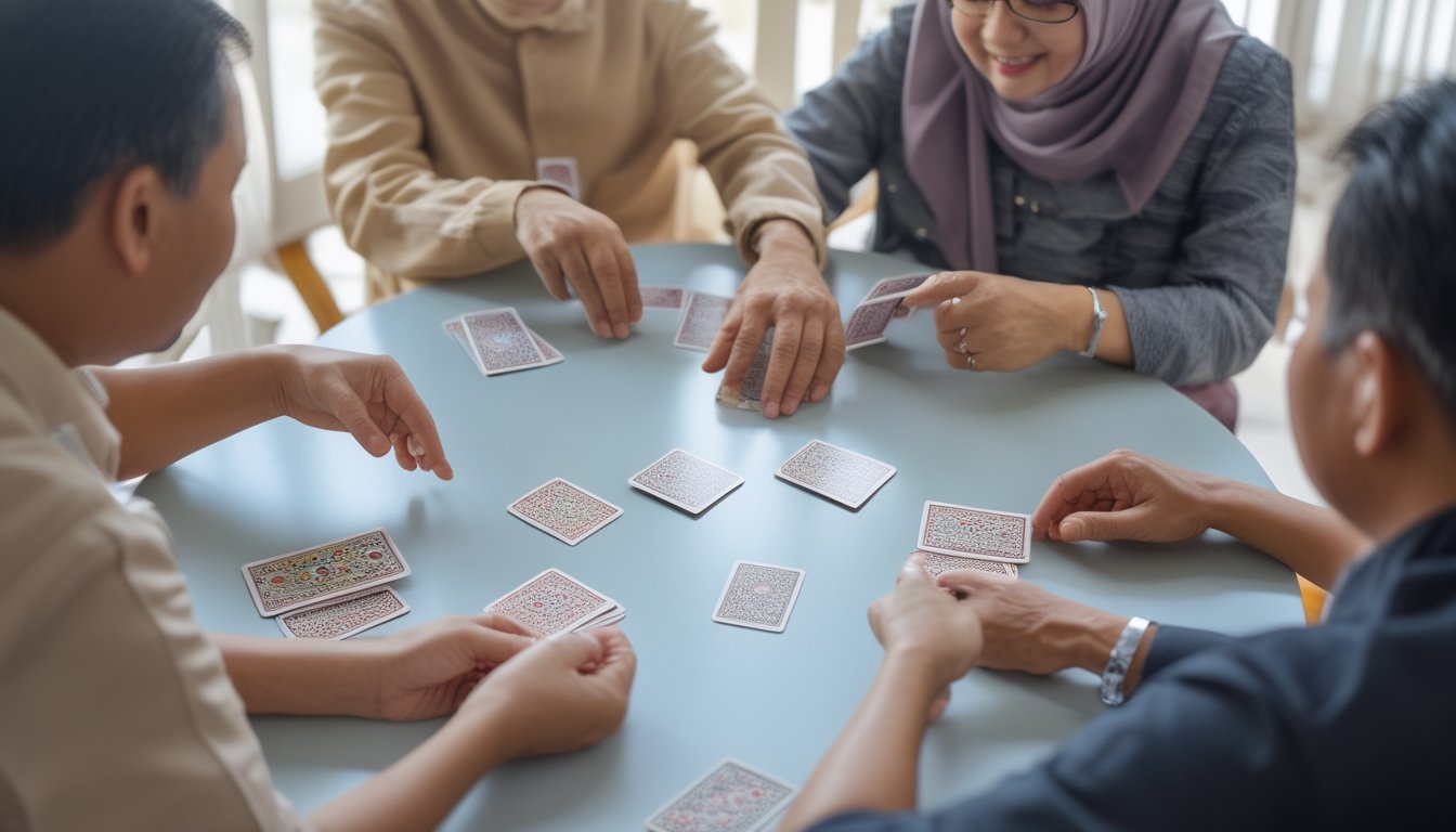 Empat orang bermain kartu bersama di meja, dengan seorang pemain meletakkan beberapa kartu.