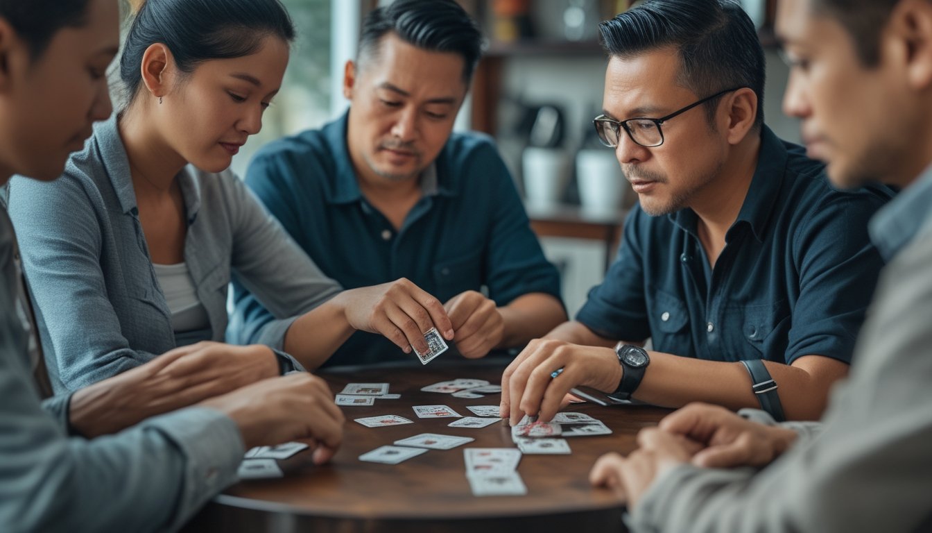Beberapa orang bermain kartu bersama sambil memperhatikan kartu dan ekspresi lawan.
