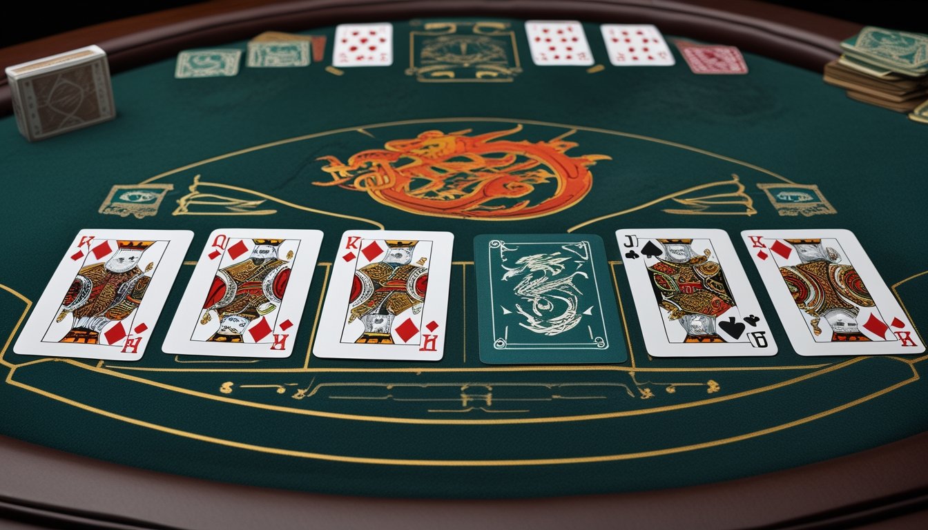 Susunan kartu Capsa Susun dengan kombinasi naga dan royal flush di atas meja hijau.