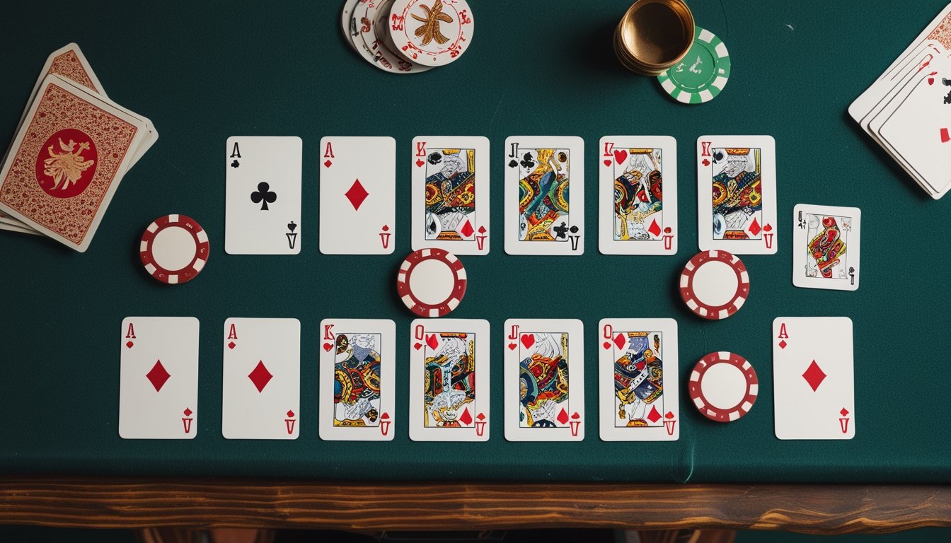 Kartu-kartu tersusun dalam tiga baris di atas meja hijau, menampilkan kombinasi Dragon dan royal flush.