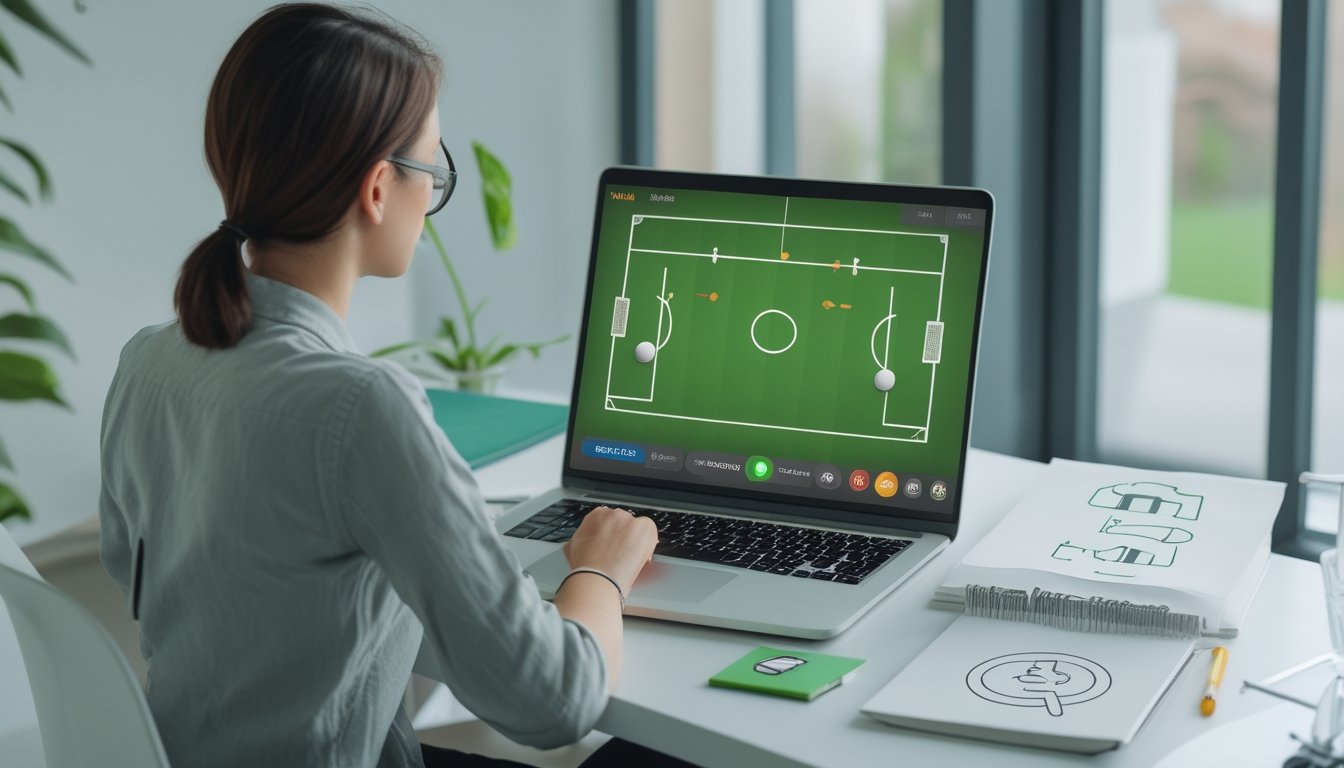 Seseorang mempelajari pertandingan sepak bola di laptop sambil membuat catatan di meja.