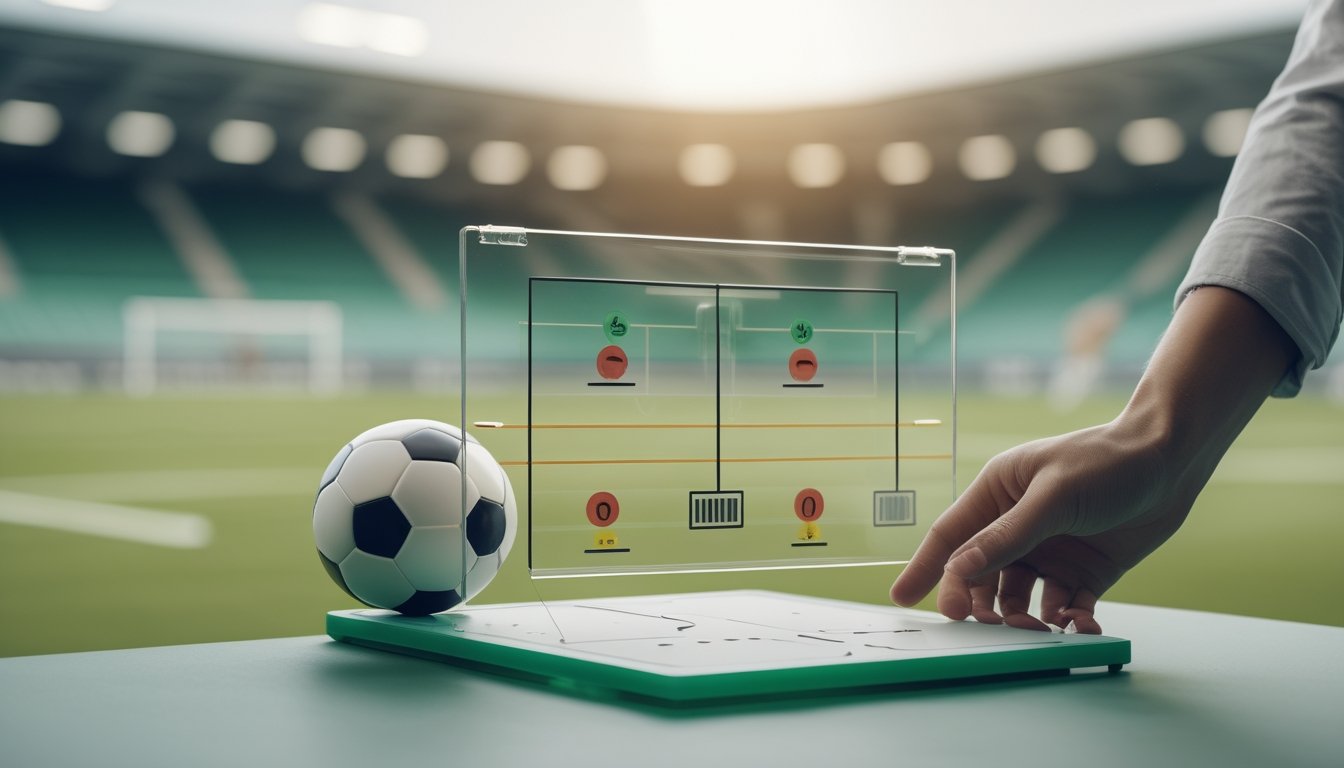 Bola sepak dan papan strategi yang menunjukkan dua tim dengan posisi awal berbeda.