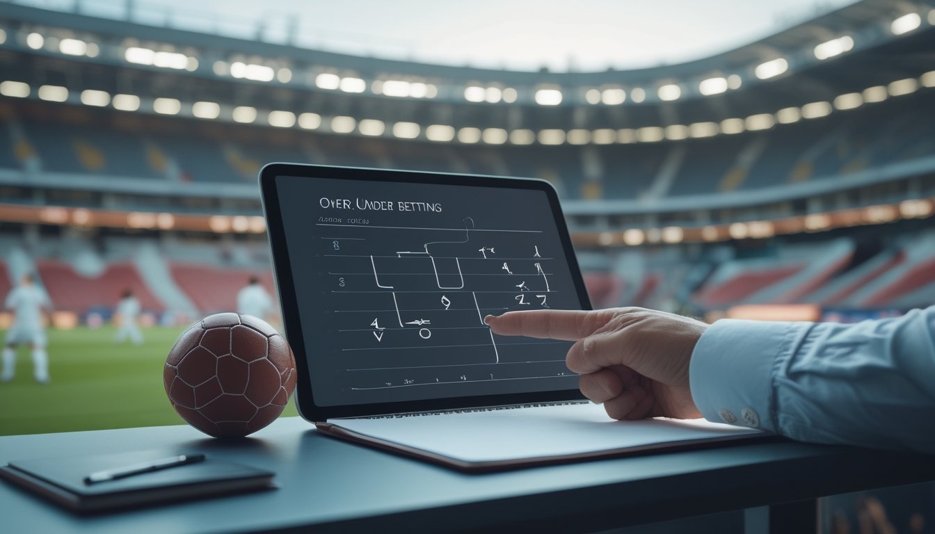 Seseorang menganalisis statistik pertandingan sepak bola di tablet dengan stadion sebagai latar.