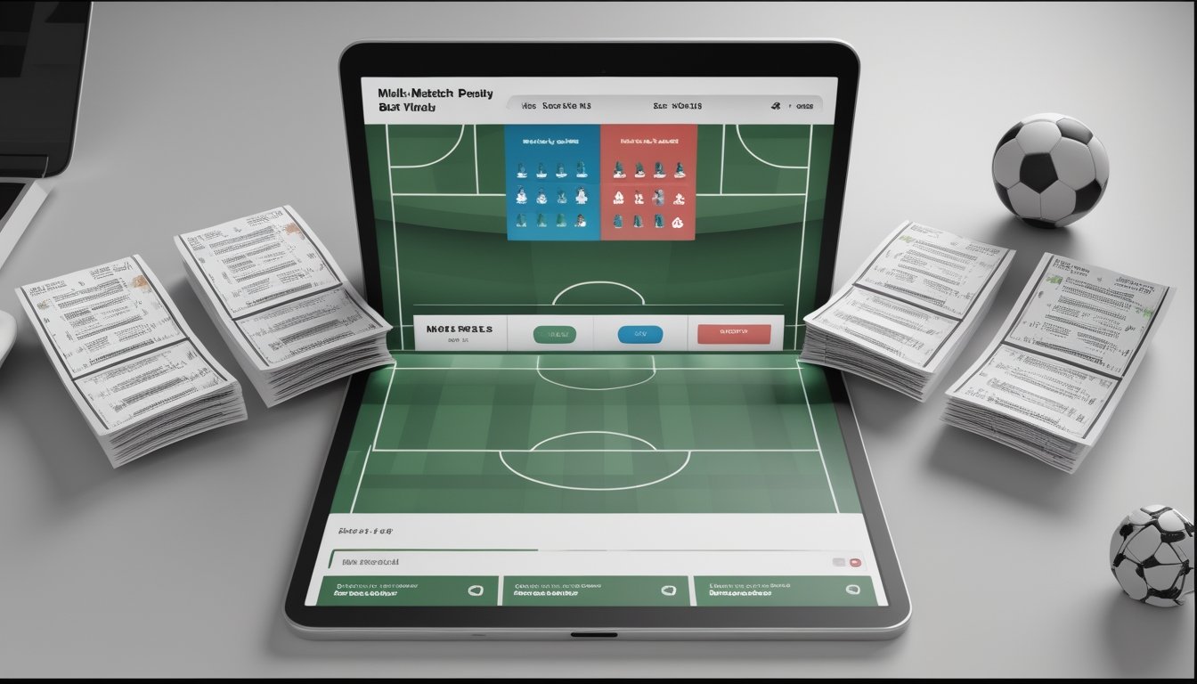 Beberapa slip taruhan sepak bola tersusun berkelompok di samping satu slip tunggal, dengan ponsel dan bola sepak.