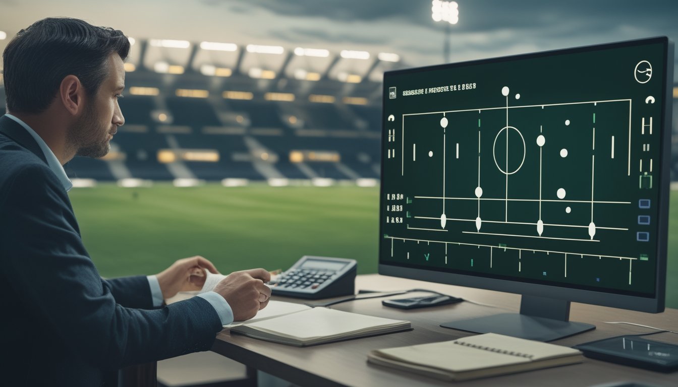 Seorang analis memeriksa visualisasi pertandingan sepak bola di meja kerja.