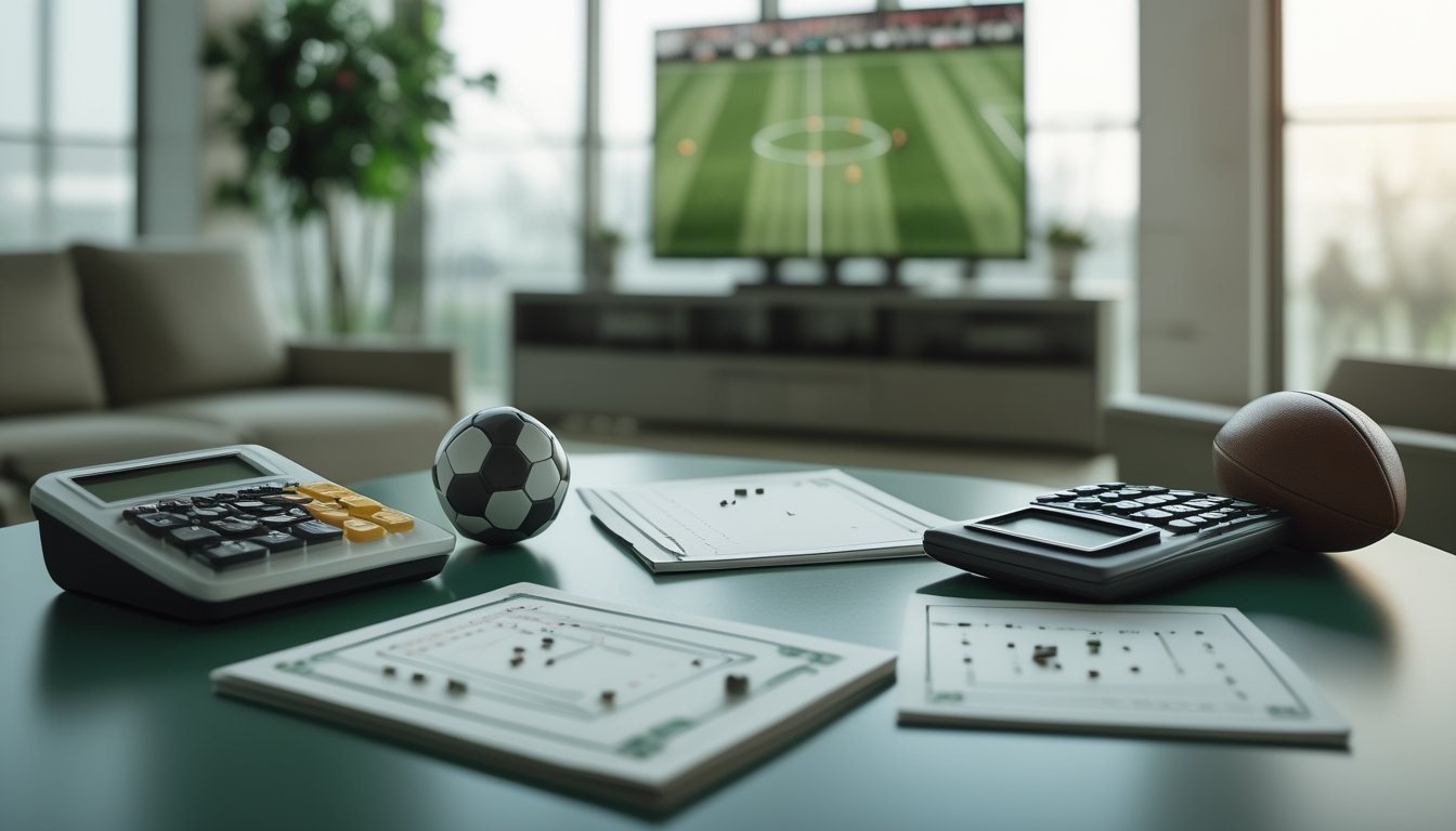 Papan taktik sepak bola, bola, kalkulator, dan kertas dengan diagram sederhana di atas meja.