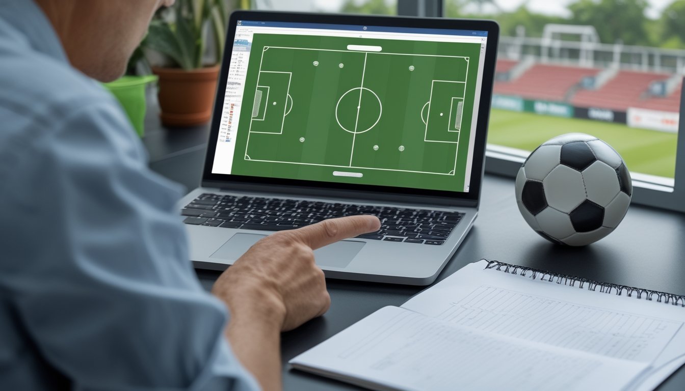 Seseorang mempelajari diagram pertandingan sepak bola di meja kerja.