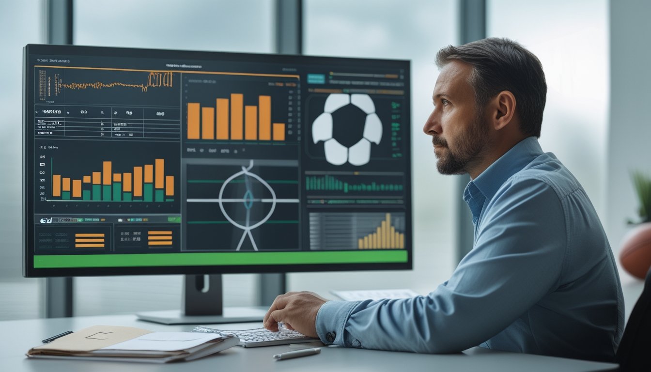 Seorang analis sepak bola mempelajari grafik statistik tim di depan komputer.