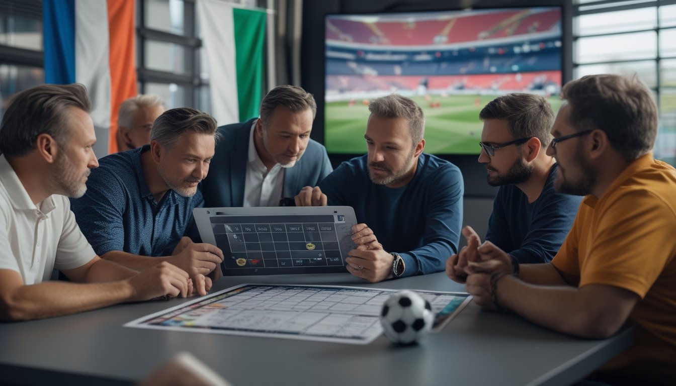 Sejumlah penggemar sepak bola berdiskusi sambil melihat statistik pertandingan dan siaran sepak bola.