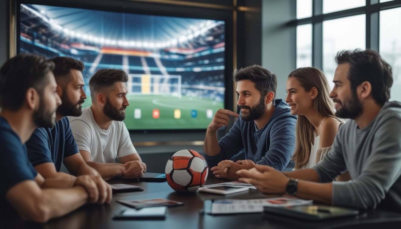 Sekelompok penggemar sepak bola dewasa membahas peluang pertandingan sambil melihat tampilan grafis abstrak di layar.