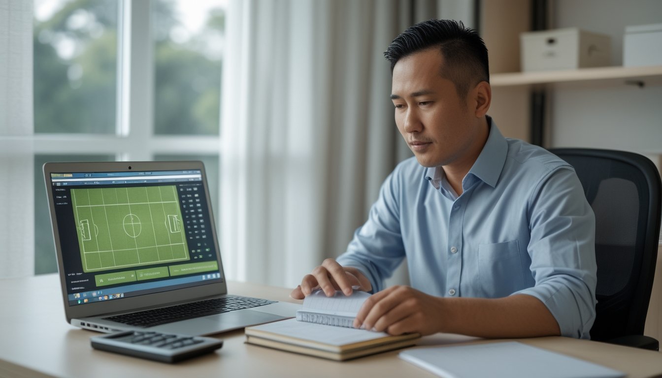 Seorang pria mengatur uang di meja sambil meninjau pertandingan sepak bola di laptop.