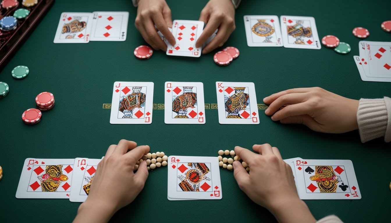 Kartu-kartu Capsa Susun tersusun di atas meja hijau, dengan satu susunan lengkap dari jenis yang sama dan keping penghitung di sampingnya.
