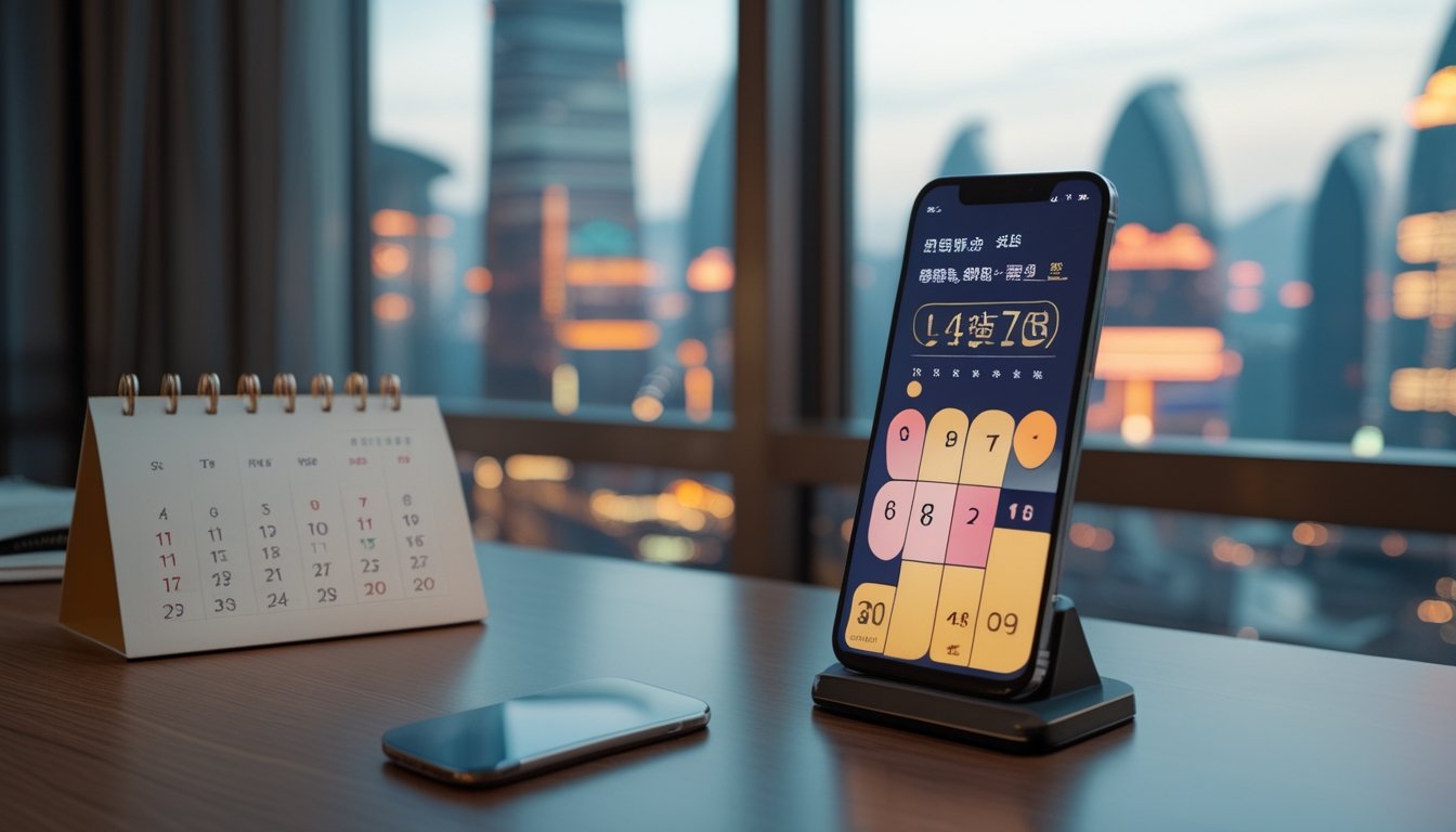 Sebuah ponsel di atas meja menampilkan panel hasil abstrak, dengan kalender dan pemandangan kota di latar belakang.