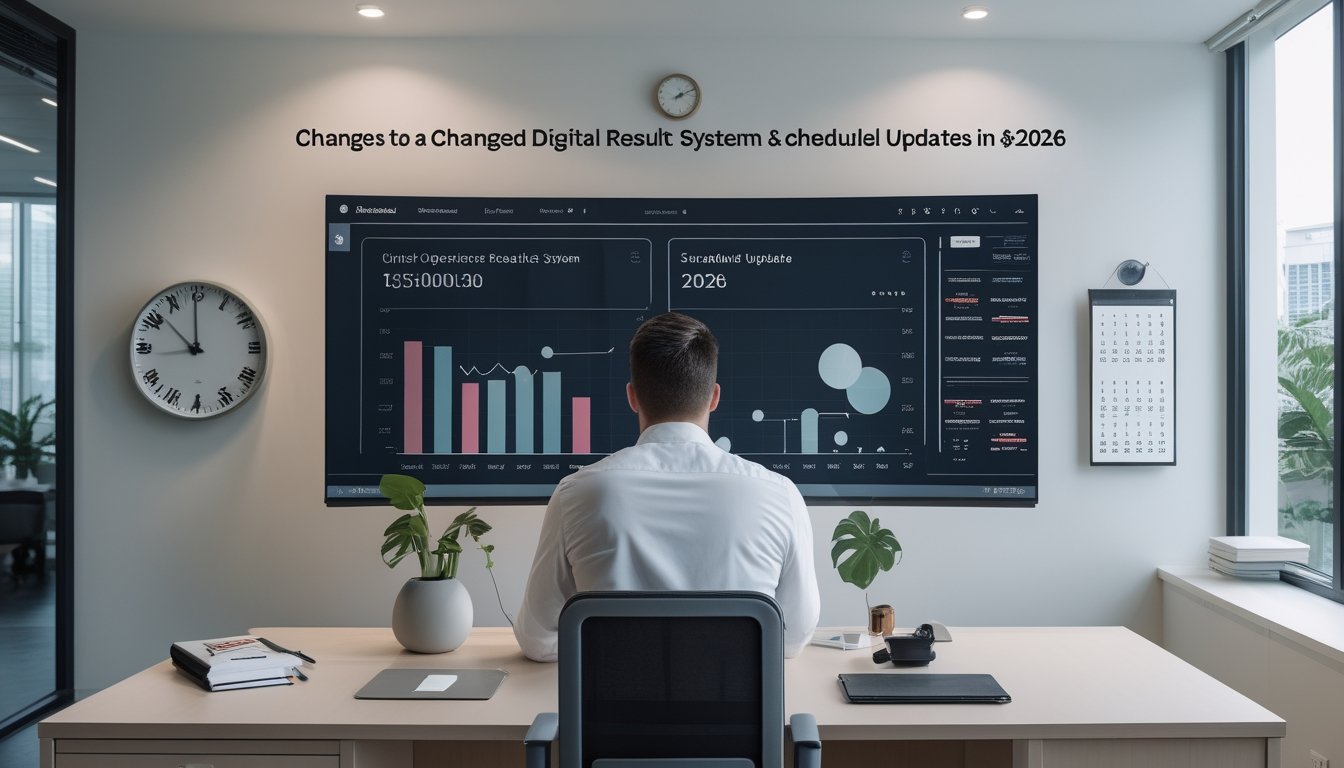 Seorang analis melihat dashboard digital di kantor, dengan jam dinding di dekatnya.