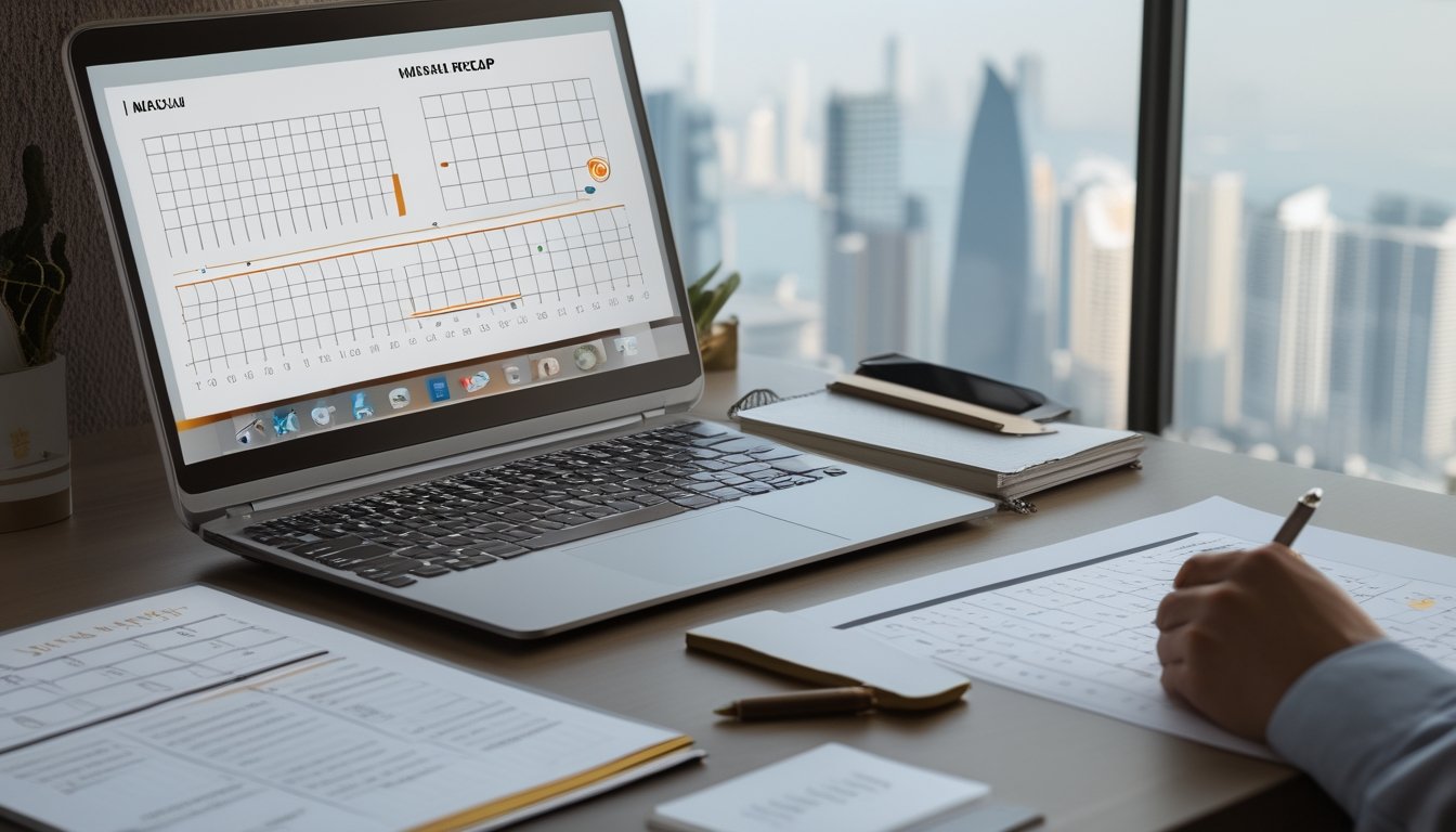 Laptop dan lembar rekap data tersusun di atas meja dengan pemandangan kota Macau.
