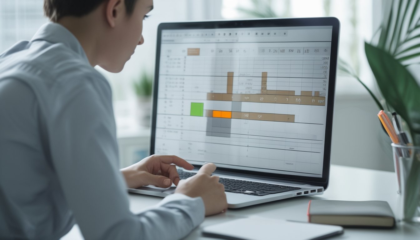 Seseorang mempelajari tabel data di laptop sambil mencatat di meja.