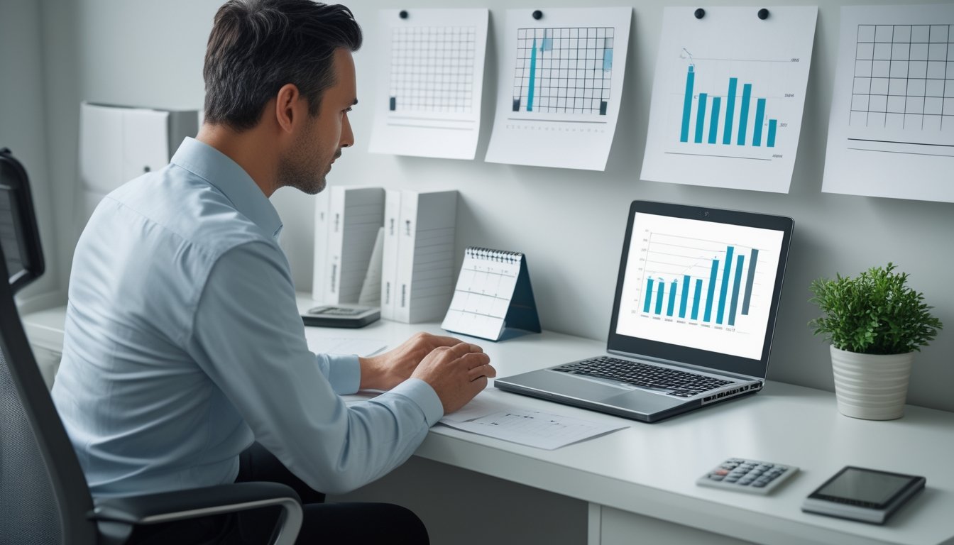 Seorang analis memeriksa grafik data di meja kerja.